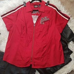 Red Harley Davidson short sleeve zip front blouse